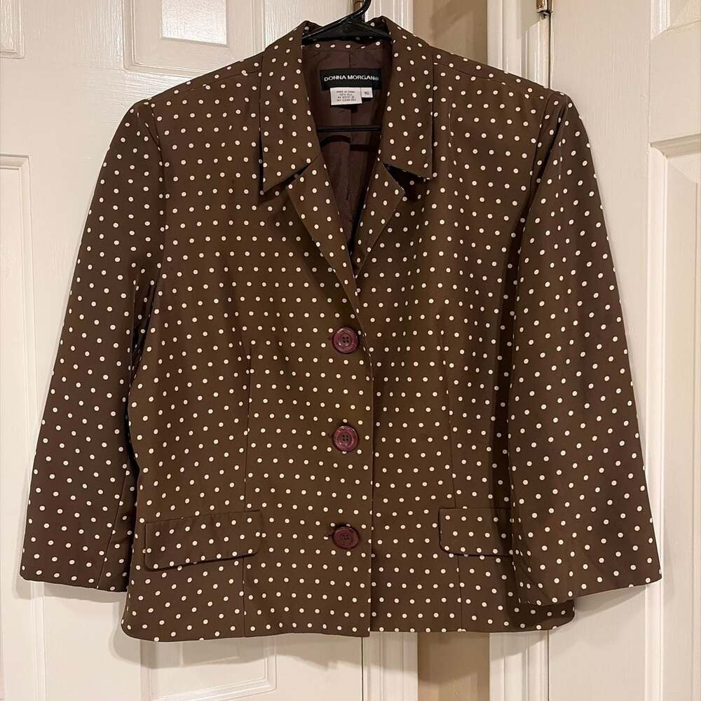 Donna Morgan 100% Silk Brown Polka Dot Three-Quarter Sleeve Blazer Size 16